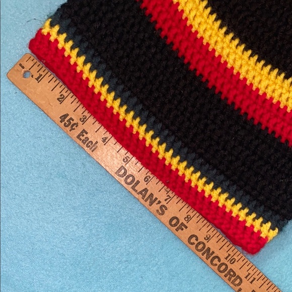 CROCHETED striped pom pom beanie hat red yellow green black unisex size OSFA - Picture 4 of 5